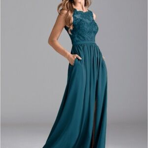 Azazie Teal Lace Bodice Maxi Dress with Pockets